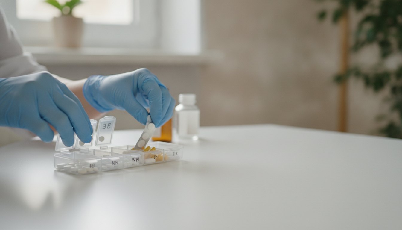 Profissional de enfermagem com luvas separando comprimidos em organizador diário sobre uma mesa branca.