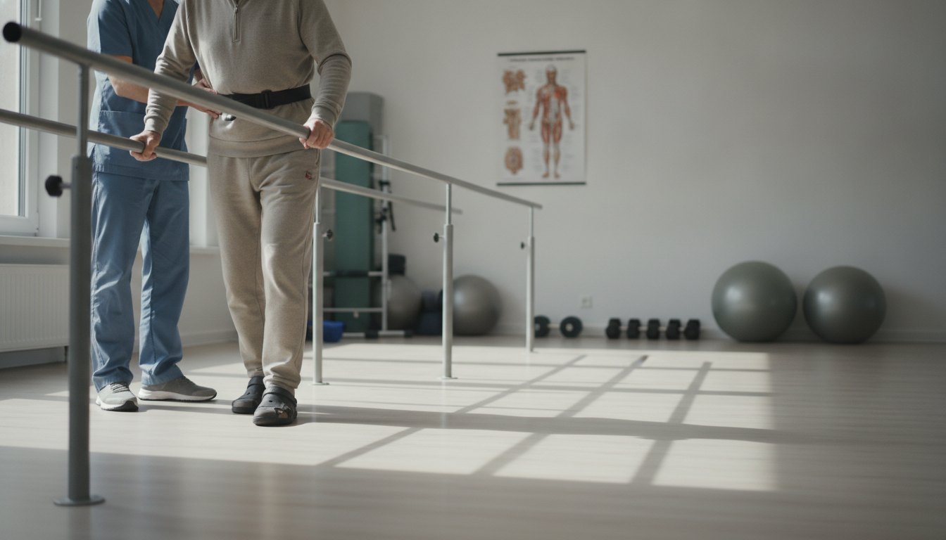 Fisioterapeuta auxilia um homem idoso a caminhar em barras paralelas de apoio dentro de uma sala de reabilitação.